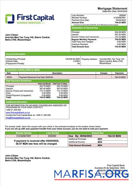 Printable Mozambique First Capital Bank mortgage statement Word and PDF template